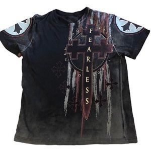 Xzavier Fearless Black T Shirt Sz Med AOP Front And Back Gold Metallic Letters